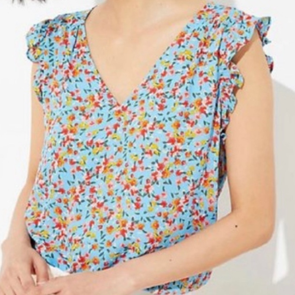 Loft Blue Floral Bar Back Flutter Sleeve Blouse Tank Top Medium